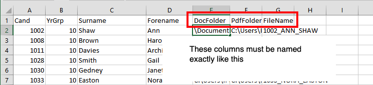 Screenshot showing column headers